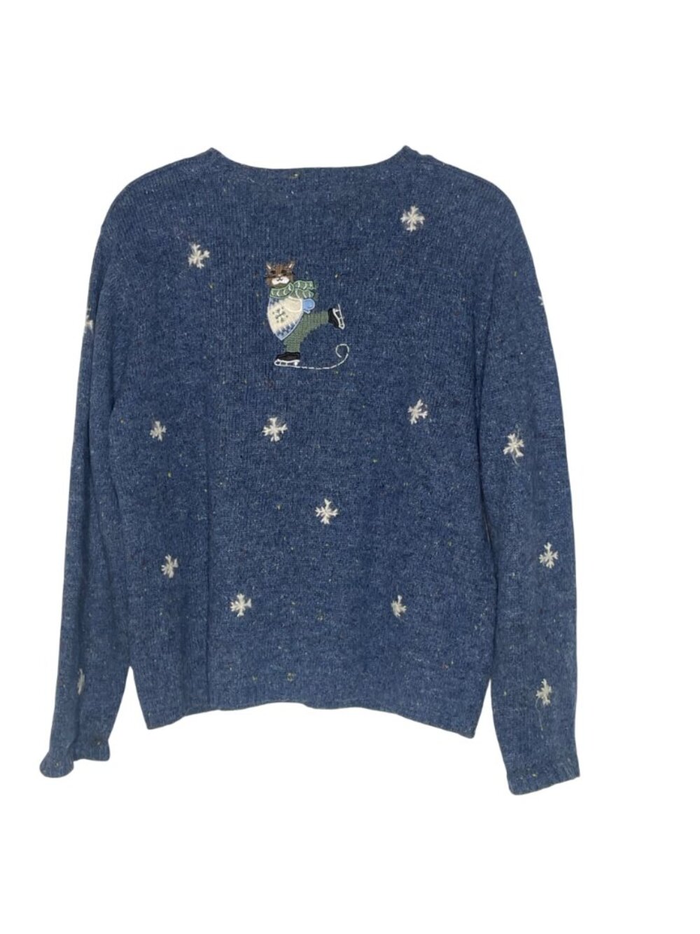 VTG Cat Ice Skate Wool Blend Sweater Sz LG Winter Embroidered Snow Cat Lady - Picture 2 of 6